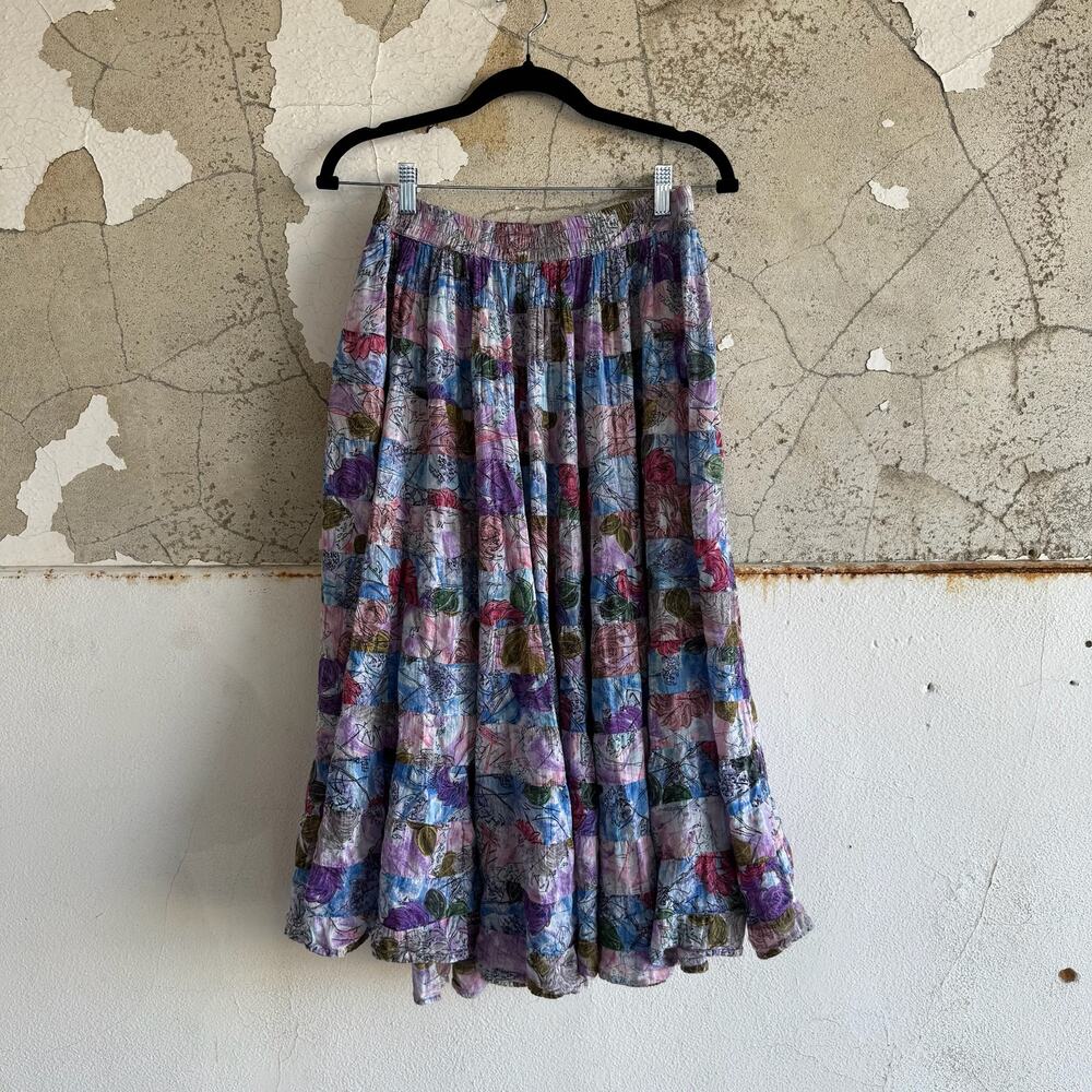 Boho Maxi Skirt Vintage Patchwork Crinkle Cotton Festival‎ Tiered Midi One Size